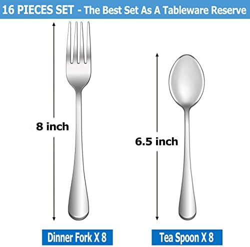 16 Pcs Forks and Spoons Silverware Set,Food Grade Stainless Steel Flatware Cutlery Set for Home,Kitchen and Restaurant,Mirror Polished,Dishwasher Safe - 8 Dinner Fork(8 inch) and 8 Teaspoon(6.5 inch) - Image 3