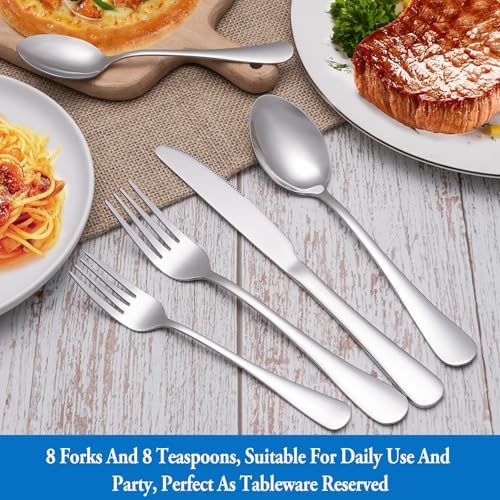 16 Pcs Forks and Spoons Silverware Set,Food Grade Stainless Steel Flatware Cutlery Set for Home,Kitchen and Restaurant,Mirror Polished,Dishwasher Safe - 8 Dinner Fork(8 inch) and 8 Teaspoon(6.5 inch) - Image 8