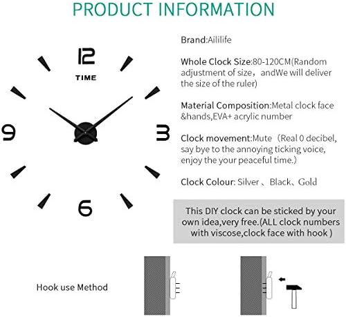 AILILIFE 3D DIY Wall Clock Decor Sticker Mirror Frameless Large DIY Wall Clock Kit for Home Living Room Bedroom Office Decoration (Black) - Image 4