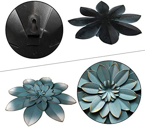 Blue Metal Flower Wall Art Decor, 9.5“ Rustic Modern Floral Sculpture, Distressed Hanging Home Decoration Accent Artworks for Indoor Bedroom Living Room Office Outdoor Garden Patio - Image 3