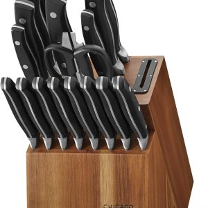 Chicago Cutlery Insignia Triple Rivet Poly (18-PC) Kitchen Knife Block Set With Wooden Block & Built-In Sharpener, Black Ergonomic Handles and Sharp Stainless Steel Professional Chef Knife Set