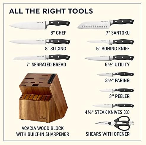 Chicago Cutlery Insignia Triple Rivet Poly (18-PC) Kitchen Knife Block Set With Wooden Block & Built-In Sharpener, Black Ergonomic Handles and Sharp Stainless Steel Professional Chef Knife Set - Image 3