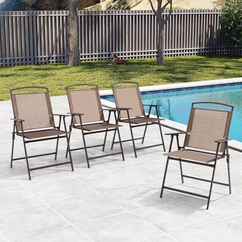 Crestlive Products Set of 4 Patio Folding Chairs 4-Pack Dining Chairs Outdoor Portable Sling with Armrest for Camping, Beach, Garden, Pool, Backyard, Deck (Brown) - Image 2