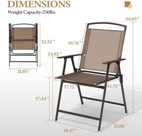 Crestlive Products Set of 4 Patio Folding Chairs 4-Pack Dining Chairs Outdoor Portable Sling with Armrest for Camping, Beach, Garden, Pool, Backyard, Deck (Brown) - Image 3