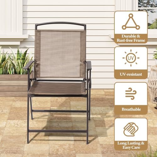 Crestlive Products Set of 4 Patio Folding Chairs 4-Pack Dining Chairs Outdoor Portable Sling with Armrest for Camping, Beach, Garden, Pool, Backyard, Deck (Brown) - Image 6