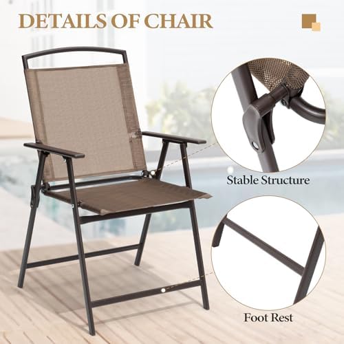 Crestlive Products Set of 4 Patio Folding Chairs 4-Pack Dining Chairs Outdoor Portable Sling with Armrest for Camping, Beach, Garden, Pool, Backyard, Deck (Brown) - Image 7