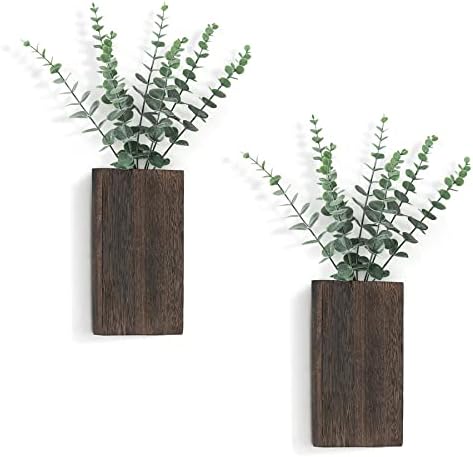 Dahey 2 Pack Wood Wall Planter Vase with Artificial Eucalyptus Farmhouse Wall Hanging Decor Pocket Planter for Indoor Fake Plants Greenery, Living Room Bedroom Kitchen Home Office Decoration - Image 2
